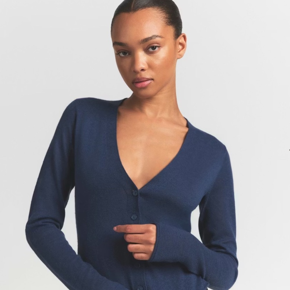 SKIMS Navy Button-Front Ribbed V-Neck Sweater - Picture 2 of 5